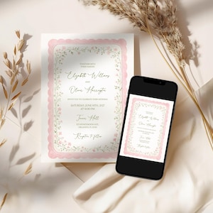 May include: A wedding invitation and a smartphone displaying the same design. The invitation features a pink scalloped border with floral accents and elegant script. The phone screen mirrors the invitation's design, showcasing the event details.