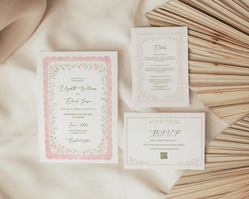 May include: A set of three wedding stationery cards. The invitation card features the names "Elizabeth Williams" and "David Japa" with floral border and pink scalloped edge. The RSVP and details cards are also included.