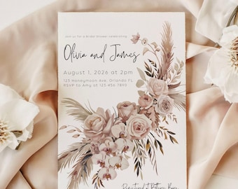 Boho Bridal Shower Invitation: Dried Floral Design (Canva Template, Digital Download)