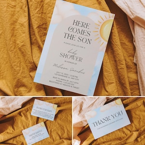 Paquete de invitaciones editables para baby shower "Here Comes the Son", solicitud de libro Sunshine para imprimir, rifa de pañales, plantilla digital de tarjeta de agradecimiento