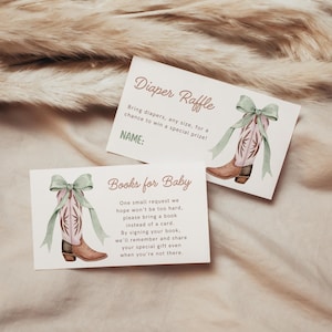 Livres de baby shower de cow-boy pour demande de bébé, modèle de carte modifiable de tombola de couches, bottes vertes & noeuds demande de livre, téléchargement numérique, imprimable