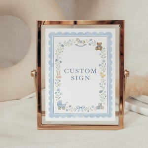 Blue Baby Shower Table Signs Template Bundle, Vintage Nursery Toys Invite, Teddy Bear Rocking Horse, Floral Editable Printable Download image 9