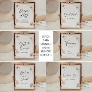 Peut inclure: Ensemble de panneaux de baby shower sur le thème de la plage dans des cadres dorés. Chaque panneau présente des éléments nautiques tels que des étoiles de mer et des coquillages. Les panneaux incluent du texte tel que "Diaper Raffle", "Guest Book", "Gifts & Cards", "Favors", "Babies are Sweet" et "Custom Sign".