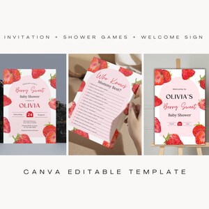 Strawberry Baby Shower Decor Bundle,Berry Sweet Invitation Set, Welcome Sign, 10pc Games Matching Set | Canva Editable Instant Download