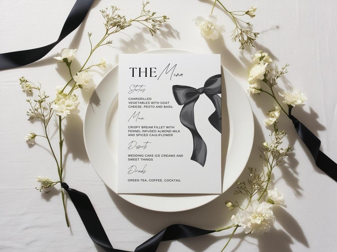 Black Ribbon Bow Menu Template,wedding/bridal Shower Menu, Printable ...