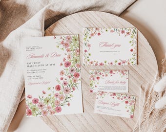 Lot d'invitations florales roses pour baby shower : thème fleurs sauvages (modèle modifiable)