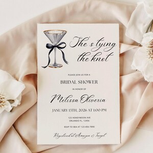 Editable Bridal Shower Invitation Template,She's Tying the Knot,Martini Glass Black Bow Invite, 5x7 Canva Digital Download image 1