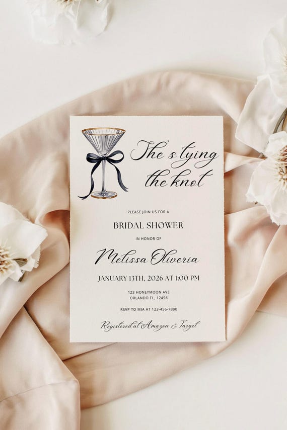 Editable Bridal Shower Invitation Template,She's Tying the Knot,Martini Glass Black Bow Invite, 5x7 Canva Digital Download