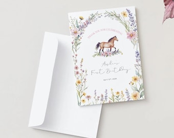 Cowgirl Birthday Thank You Card: Wildflower Horse Design (Digital Download, Canva Template