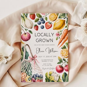 Locally Grown Baby Shower Invitation,Farmers Market Theme Canva Template,Editable Unique Produce Invite,Garden Girl Baby Shower Printable