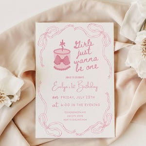 Girls Just Wanna Be ONE Invitation,Bow First Birthday EDITABLE Invite,Coquette Dusty Pink Ribbon Invite,Girls 1st Birthday,Preppy,Template