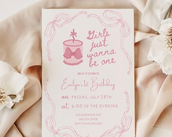 Mädchen wollen nur EINE Einladung sein, Bogen erster Geburtstag EDITIERBARE Einladung, Coquette Dusty Pink Ribbon einladen, Mädchen 1. Geburtstag, Preppy, Vorlage