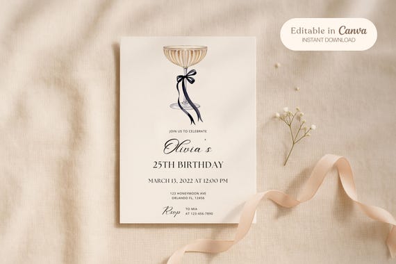 Champagne Coupe Birthday Invitation: Black Bow, Minimalist Party Invite (Digital Download, Canva Template)