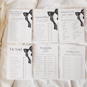 She&#39;s Tying the Knot Bridal Shower Games Bundle Template,Black Bow Bridal Shower Printable Games,Wedding Shower Party Editable Template 11pc