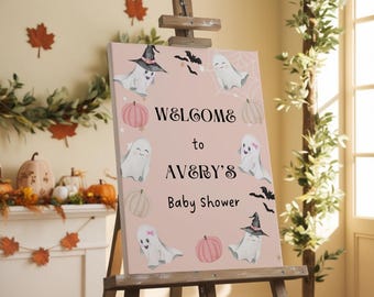 Bearbeitbares Little Boo-Babyparty-Willkommensschild, Little Boo ist fast aufgrund rosa Geistermädchen-Kürbis-Halloween-Babyparty-Plakat Vorlage Download