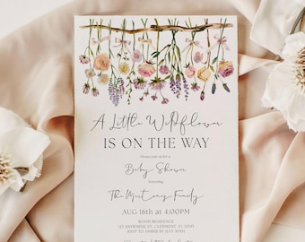 Pink Wildflower Baby Shower Invitation • Floral Girl Template • Printable Canva Invite • Editable Boho Botanical Baby Shower Card
