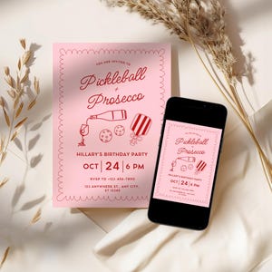 Pickleball and Prosecco Birthday Party Invitation,Coquette Hand Drawn Doodle Pickleball Invite,Pink Paddle Printable Editable Canva Template image 7