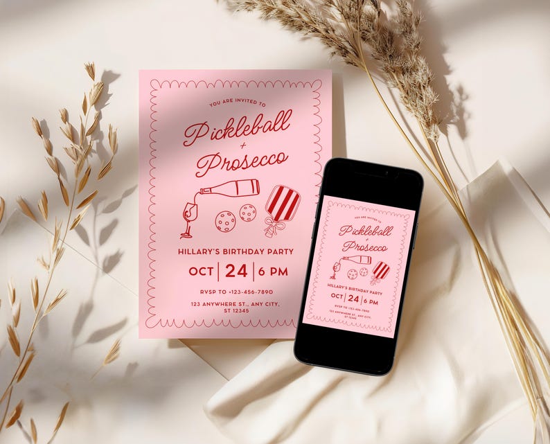 Pickleball and Prosecco Birthday Party Invitation,Coquette Hand Drawn Doodle Pickleball Invite,Pink Paddle Printable Editable Canva Template image 7
