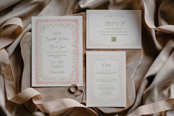 Pink Scalloped Floral Wedding Invitation Suite, Garden Vine Frame, Editable Canva, RSVP & Details, Romantic Cottagecore, Printable Download