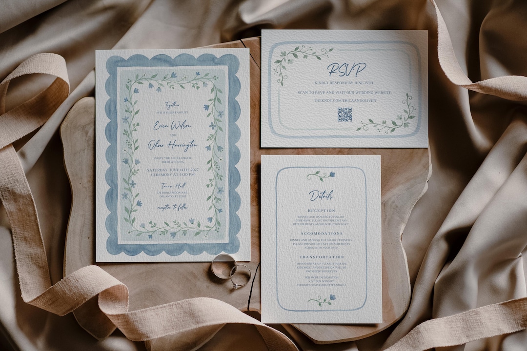 Watercolor Blue Scallop Floral Wedding Invitation Suite, Editable Canva ...
