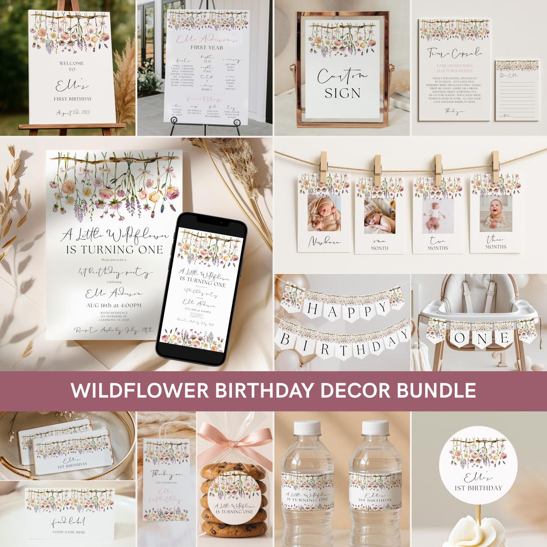Editable Wildflower First Birthday Decor Bundle Template,boho Floral ...