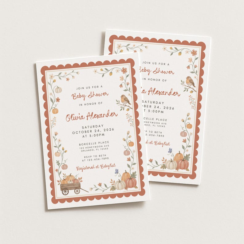 Fall Harvest Baby Shower Invitation Template, Editable Canva, Autumn Pumpkin Shower Invite, Printable Instant Download image 4