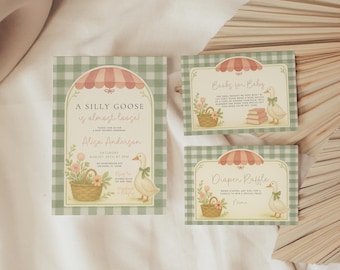 Silly Goose Baby Shower Invitation Set, Books for Baby & Diaper Raffle Cards, Green Gingham Mother Goose Printable Template