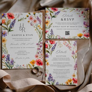 Pink Wildflower Wedding Invitation Suite,Garden Wedding Invite,Boho Wedding,Pressed Flowers Wedding RSVP,Editable Template,Printable Details