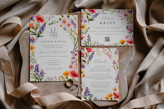 Pink Wildflower Wedding Invitation Suite,Garden Wedding Invite,Boho Wedding,Pressed Flowers Wedding RSVP,Editable Template,Printable Details
