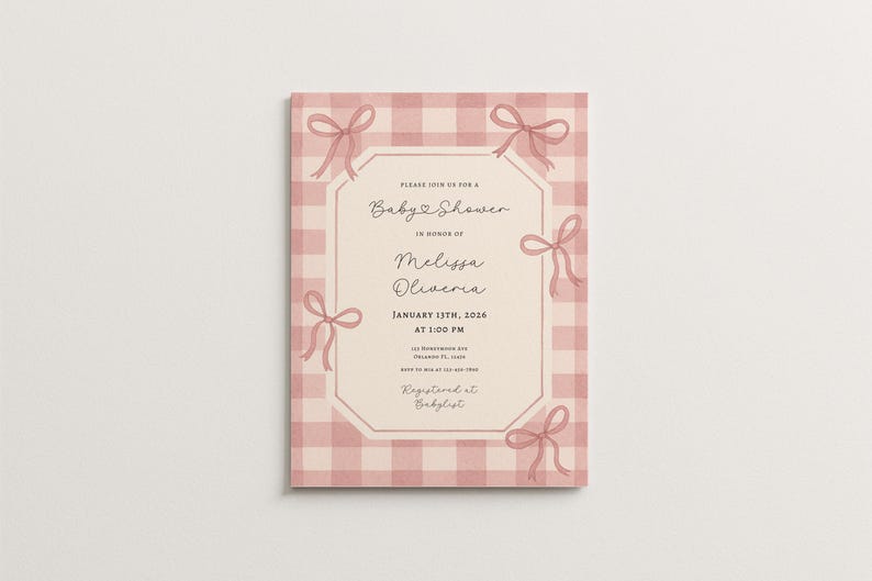 May include: A baby shower invitation with a pink gingham pattern background and decorative pink bows. The invitation features the text "Baby Shower" and details for Melissa Oliveria's baby shower, including the date, time, and location.