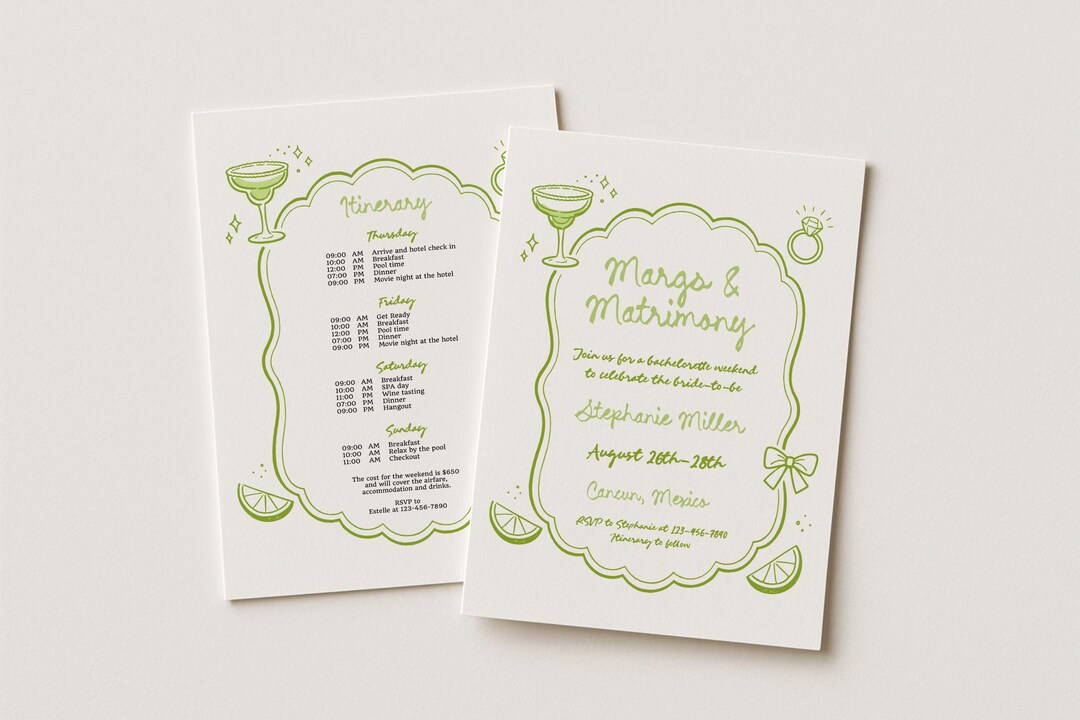 Margs and Matrimony Bachelorette Invitation & Itinerary Template ...