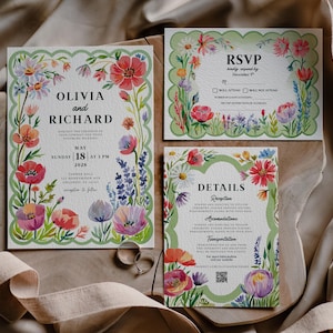 Green Floral Wedding Invitation Template: Hand-Drawn Botanical Suite (Canva Downloadable, 5x7 in