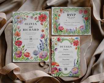 Green Floral Wedding Invitation Template: Hand-Drawn Botanical Suite (Canva Downloadable, 5x7 in