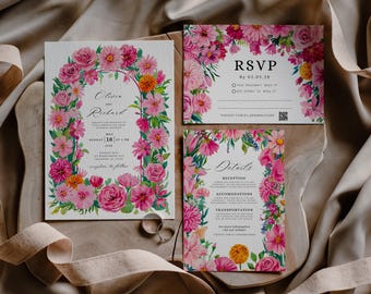 Puede incluir: Un conjunto de invitaciones de boda florales con flores rosas y naranjas. La tarjeta de invitación principal tiene un arco de flores alrededor del texto "Olivia y Richard". Las tarjetas RSVP y de detalles también están decoradas con flores.