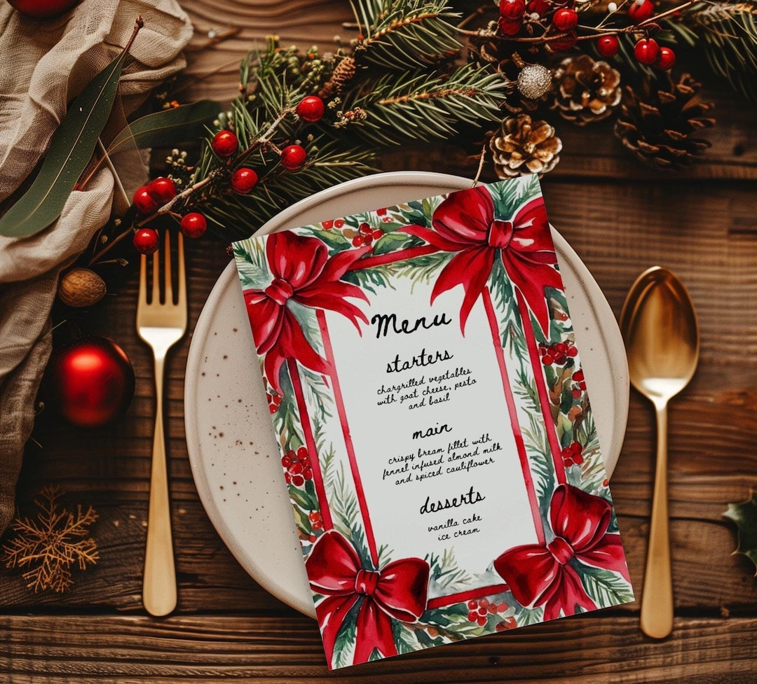 Editable Christmas Dinner Menu Template,festive Vintage Red Bow Menu ...