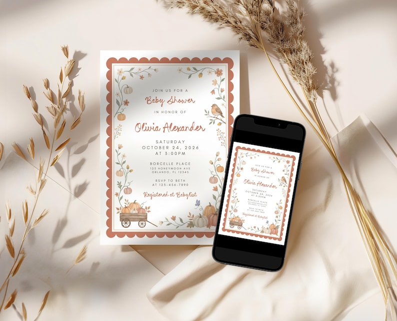 May include: A rectangular baby shower invitation card and a smartphone displaying the same invitation. The design features a scalloped terracotta border, illustrations of pumpkins, flowers, and a bird, with text reading Olivia Alexander.