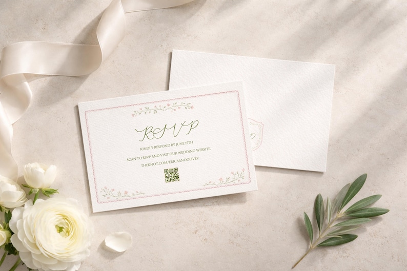 May include: An RSVP card with a floral border and elegant script, alongside a matching envelope. The card reads "RSVP" and includes instructions to respond by June 15th and a website address. Soft lighting and floral accents create a romantic ambiance.