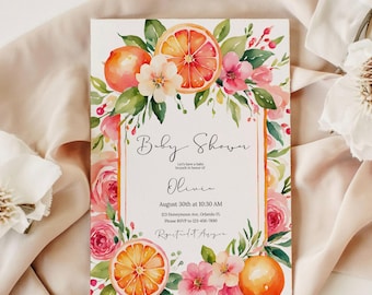 May include: Baby shower invitation featuring watercolor illustrations of oranges and pink flowers. The invitation includes the text "Baby Shower" and details for Olivia's baby shower, including the date, time, and location.