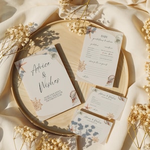 Bundel met advieskaart strandzwerver babyshower, bewerkbare strandbabyshower, voorspellingen en advies genderneutrale douche, afdrukbare sjabloon schelp