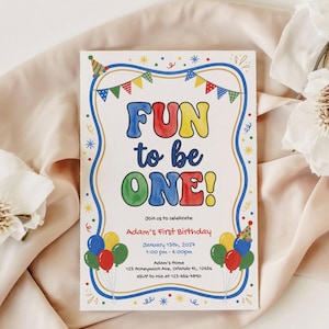 Puede incluir: Una colorida invitación de cumpleaños con el texto "FUN to be ONE!" en letras grandes y divertidas. La invitación incluye detalles para el Primer Cumpleaños de Adam, con globos y decoraciones festivas.