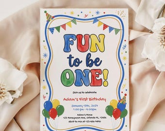 Fun To Be One 1st Birthday Invitation Template, Colorful Watercolor Balloons & Bunting, Editable Canva Invite, Printable Download