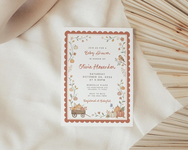 Fall Harvest Baby Shower Invitation Template, Editable Canva, Autumn Pumpkin Shower Invite, Printable Instant Download image 8