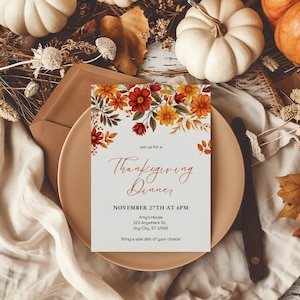 Thanksgiving Invitation Template, Printable Friendsgiving Dinner Invitation,Bridal Party Invite, Floral Fall Invite,Instant Download