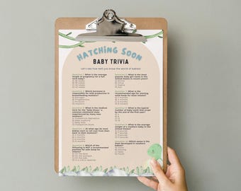 Paquete de juegos de baby shower de dinosaurios, eclosión próxima, juegos de ducha imprimibles de trivia para bebés, señalización de bingo para bebés Dino, descarga instantánea editable de Canva