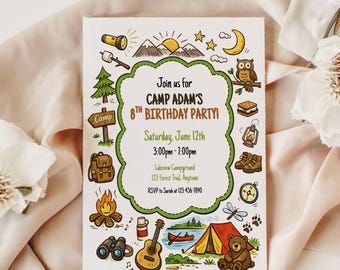 Camping Birthday Invitation, Camp Theme Kids Party Invite, Doodle Illustrations, Editable Canva Template, Printable Instant Download