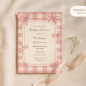 May include: A baby shower invitation with a pink gingham pattern and bow accents. The invitation includes the text "Baby Shower" and details for Melissa Oliveria's shower on January 13th, 2026. The design is editable in Canva.
