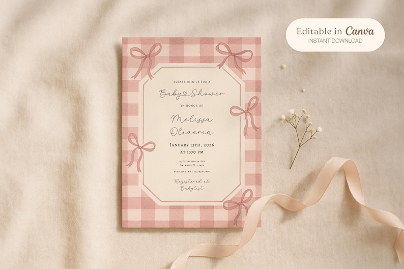 May include: A baby shower invitation with a pink gingham pattern and bow accents. The invitation includes the text "Baby Shower" and details for Melissa Oliveria's shower on January 13th, 2026. The design is editable in Canva.
