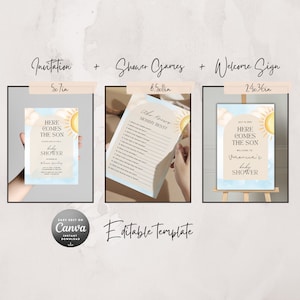 Sunshine Baby Shower Decor Bundle, Here Comes the Son Invitation, Welcome Sign, Retro, Shower Games Matching Set,Canva Editable Template 3pc