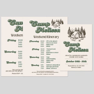 Camp Bachelorette Party Invitation and Itinerary Template Set, Summer Camp Bach Weekend Itinerary, Canva Instant Download Template