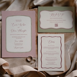 Bruiloft uitnodigingssuite met golvende rand, modern rond frame, salie blush, bewerkbaar canvas, kaarten voor RSVP en details, minimaal script, afdrukbare download